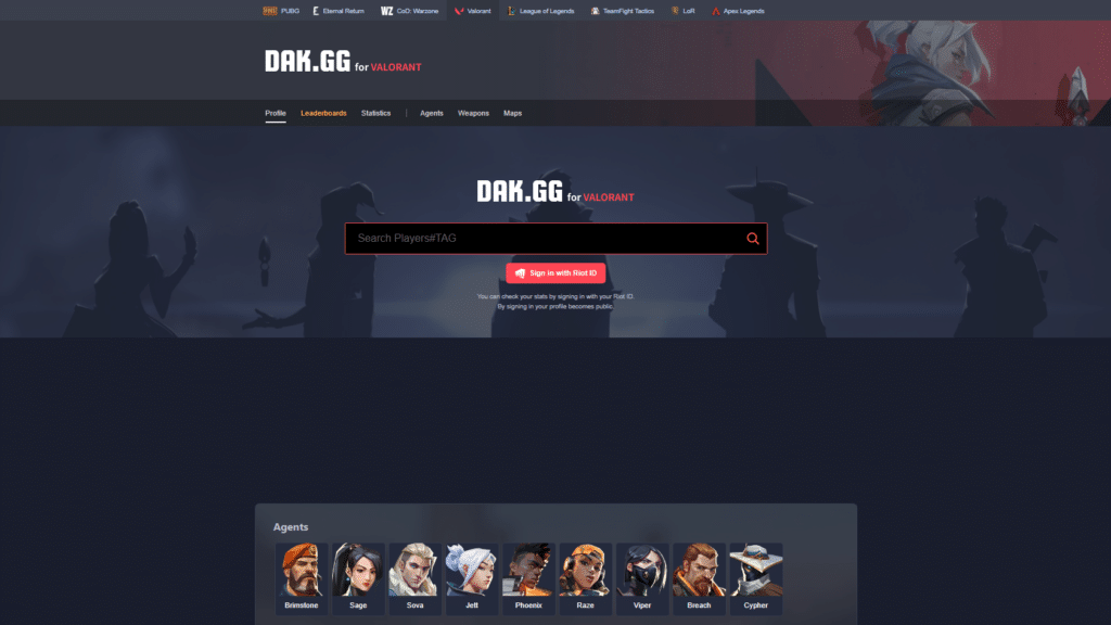Captura de pantalla de la página de inicio Dak.gg