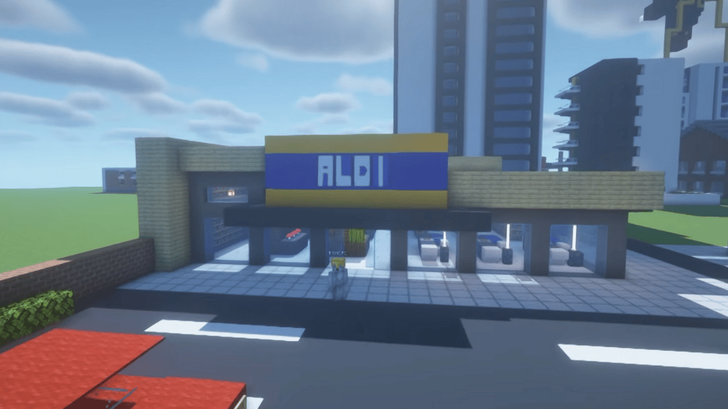 Aldi सुपरमार्केट डिजाइन Minecraft प्रतिपादन 1.18 ट्यूटोरियल बिल्डिंग