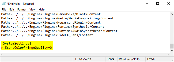 Adding these lines in the Engine.ini will disable the Shadow Warrior 3 chromatic aberration effect