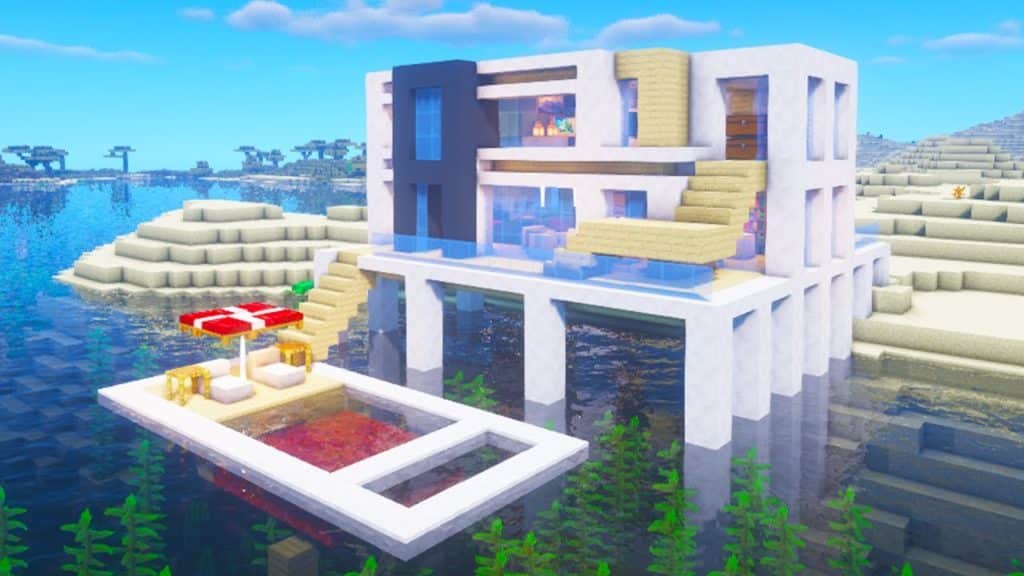 Minecraft Modern Beach House Pool Build Design 1.18.1 1.18.2