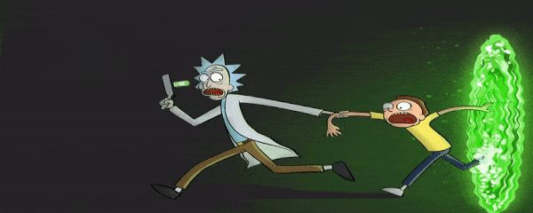 Rick and Morty jumping out of portal