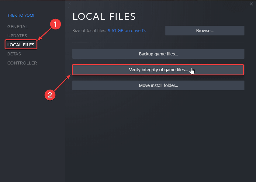 Verifying game files can potentially fix the Trek to Yomi crash at launch issue