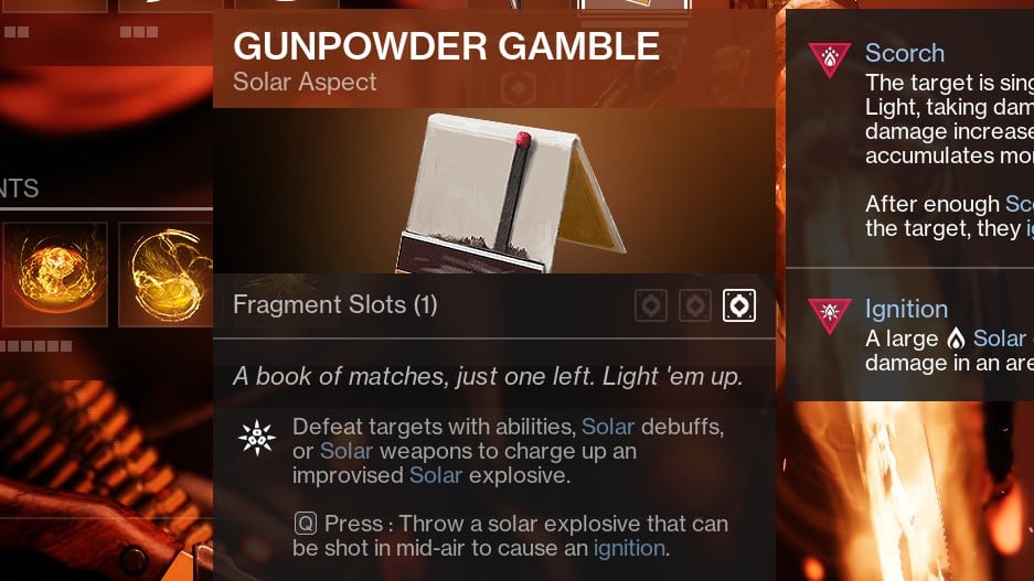 Destiny 2 Solar 3.0 Hunter build Gunpowder Gamble