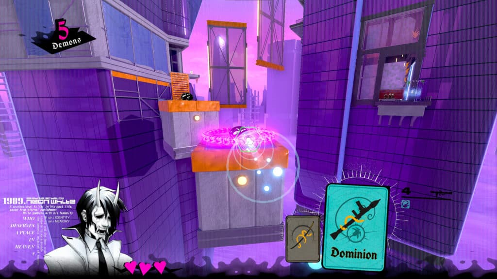 Neon White gameplay screenshot showcasing one of the later levels