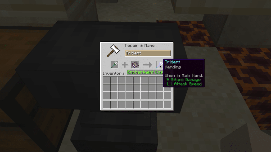 Anvil UI shows trident and mending book creating a mending trident.