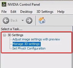 You can manage Global and Individual game settings by selecting Manage 3D Settings