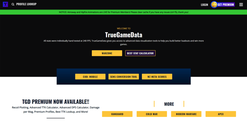 TrueGameData website homepage