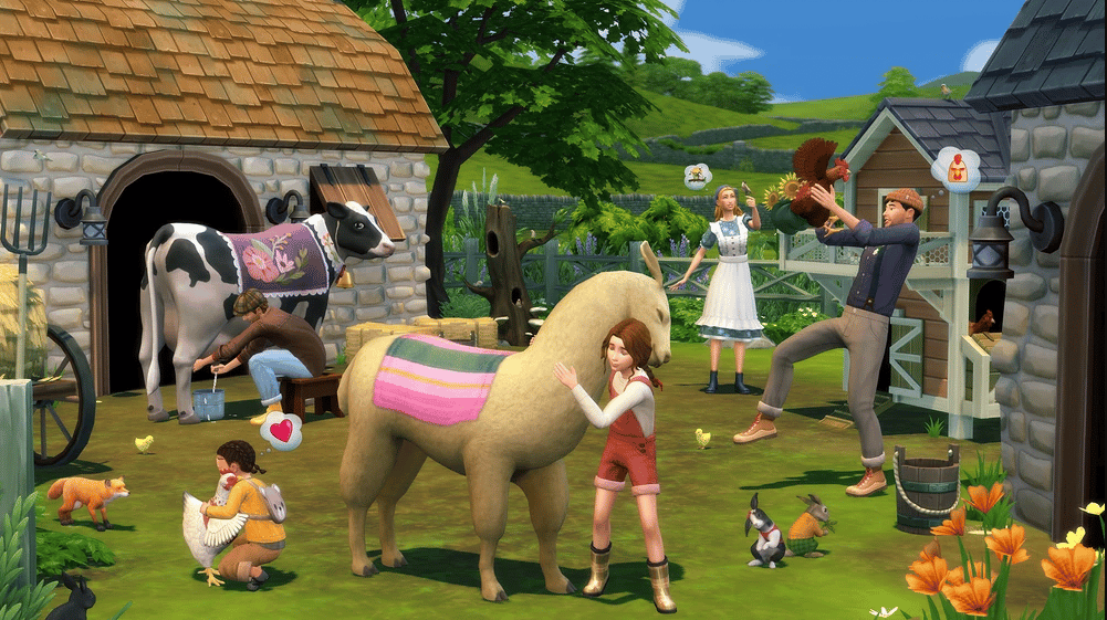 Sims playing with farmyard animals - Cottage Living Gameplay