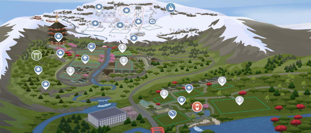 Un mapa del monte Komorebi de Sims 4 Snowy Escape