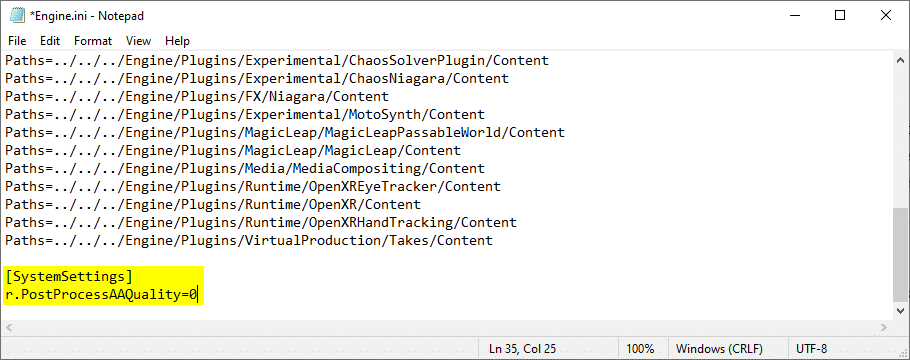 Editing the Engine.ini allows you to disable the Stray TAA setting