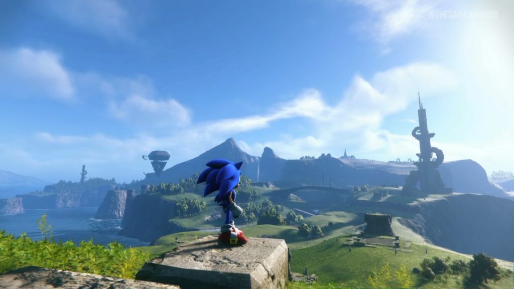 Sonic overlooking the world of Sonic Frontiers on top of a hill