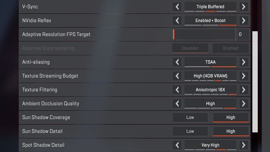 Advanced Graphics tab for Apex Legends