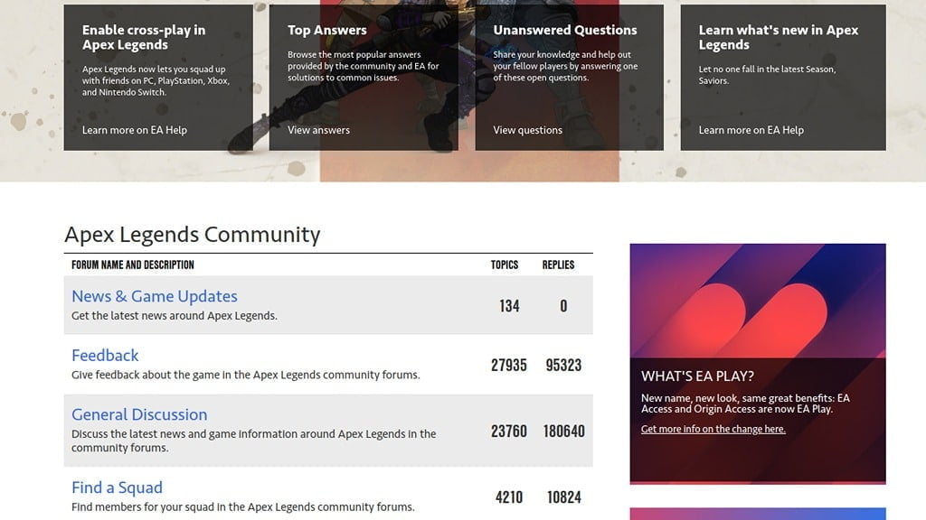 The Answer HQ section for Apex Legends Support