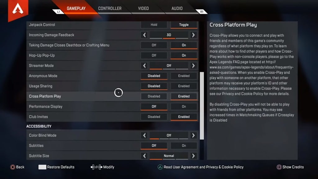 Gameplay settings tabs for Apex Legends PS4