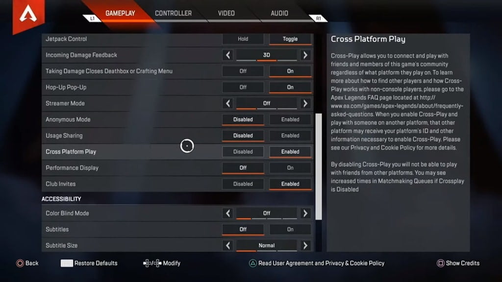 Pestañas de configuración de juego para Apex Legends PS4