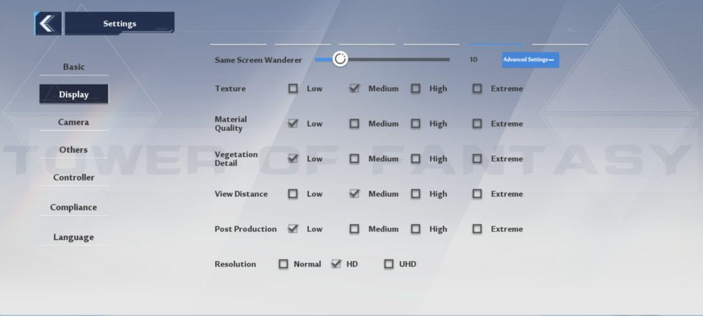 Tower of Fantasy Display Settings Android