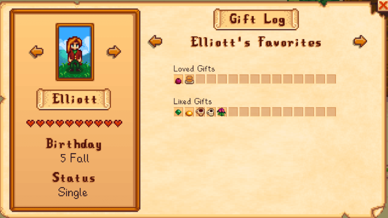 Stardew Valley Elliott Information Log