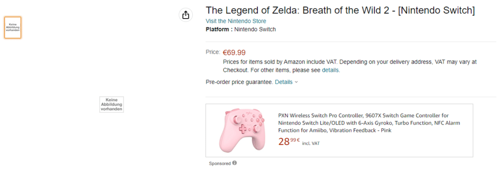 An Amazon Germany listing for Legend of Zelda Breath of The Wild 2