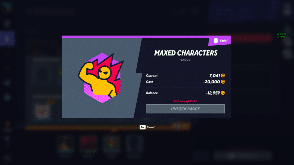 The Maxed Characters badge that costs 20,000 Gold