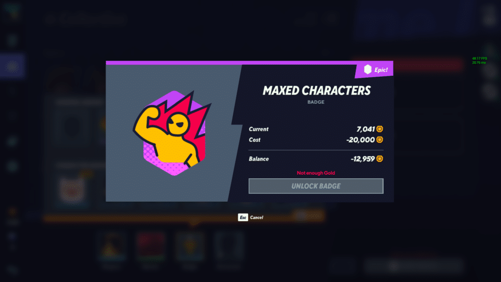 La insignia de Personajes Maxed que cuesta 20,000 Gold