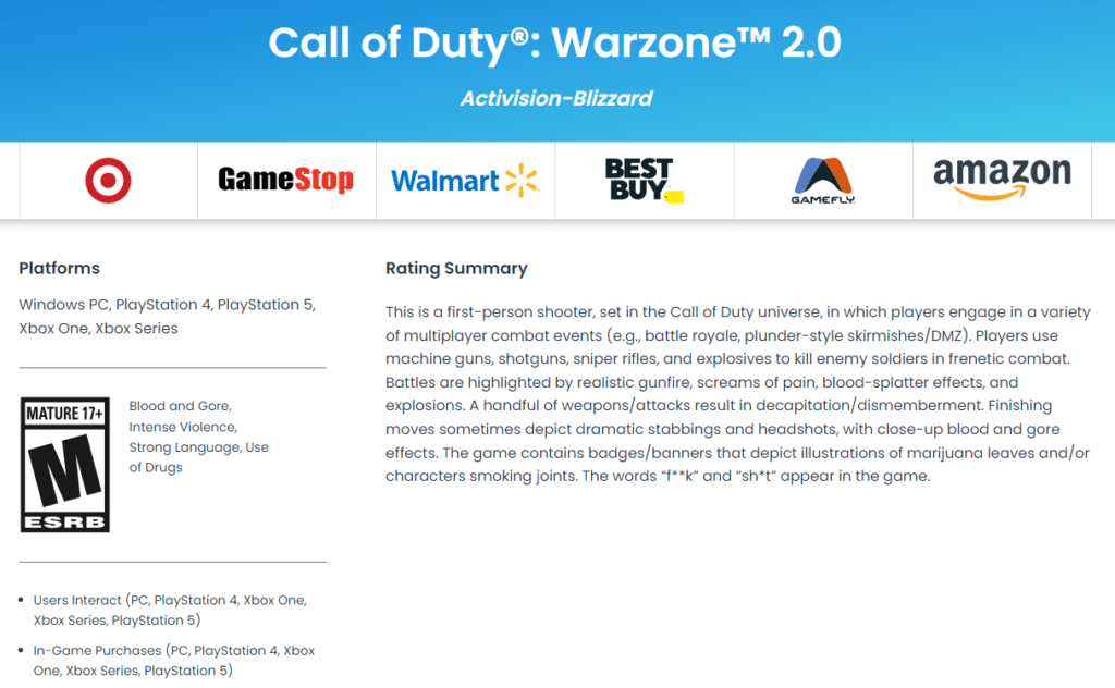 Call of Duty Warzone 2.0 rating as it appears on the ESRB website. 