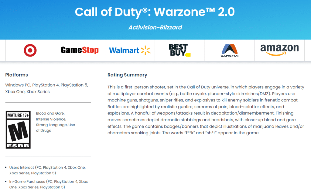 Clasificación de Call of Duty Warzone 2.0 tal como aparece en el sitio web de la ESRB. 