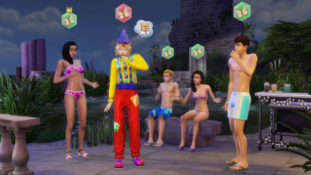 Sims in a club with someone dressed as a clown - Get Together Gameplay