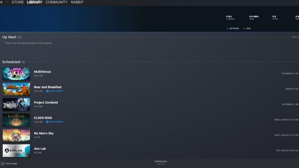 Steam downloads menu.