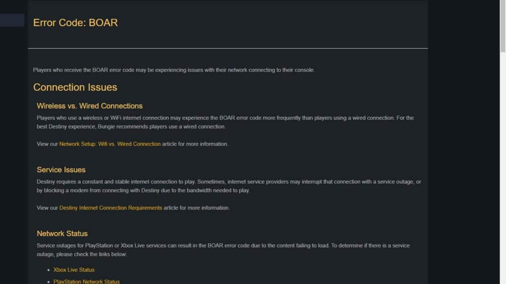 Destiny 2 error code Boar