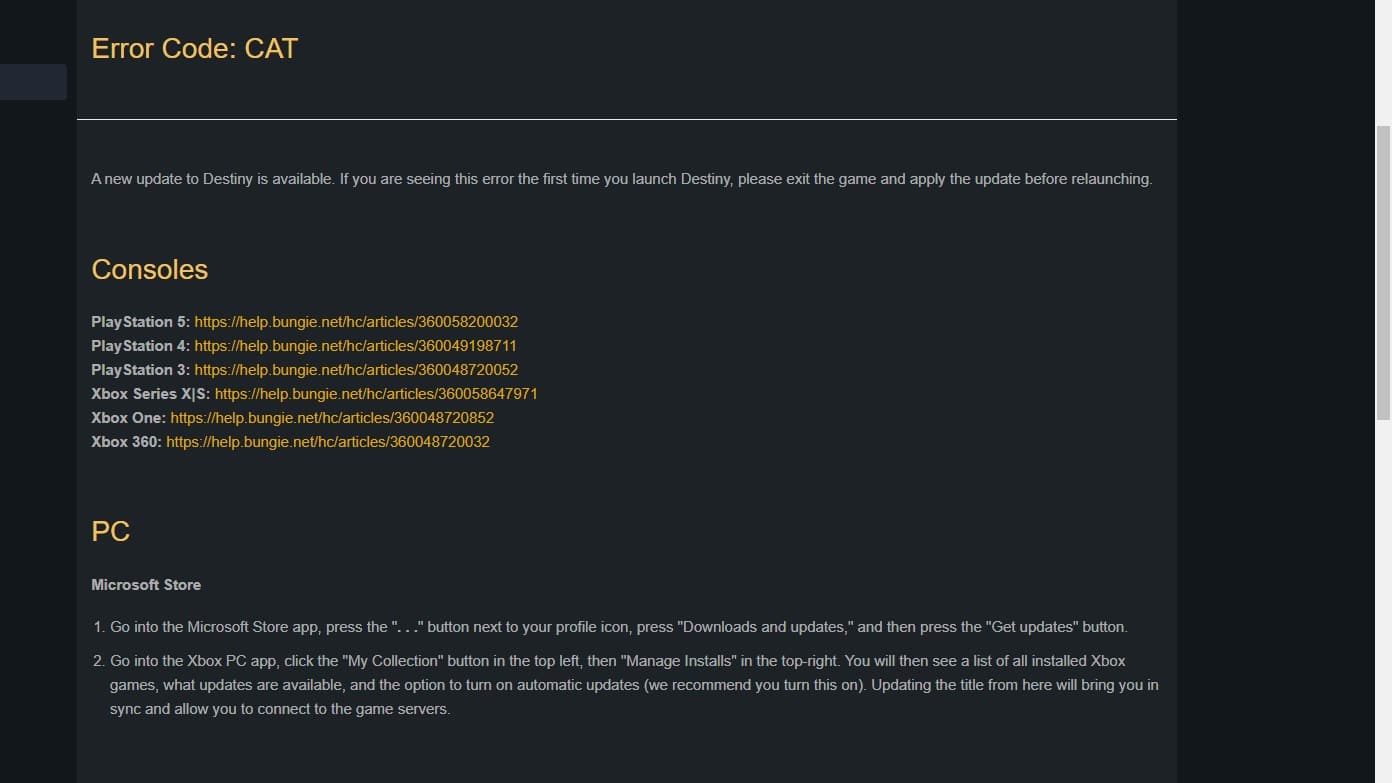 Destiny 2 error code CAT