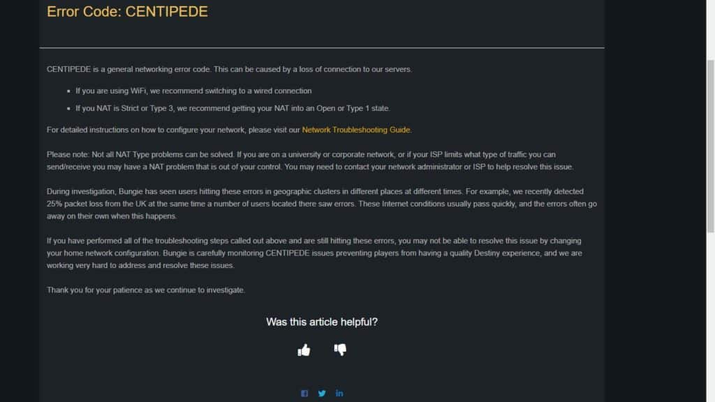 Destiny 2 Centipede error code
