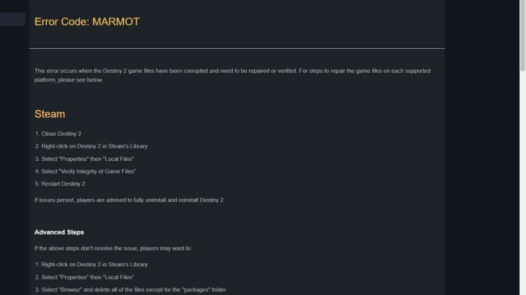 Destiny 2 error code Marmot