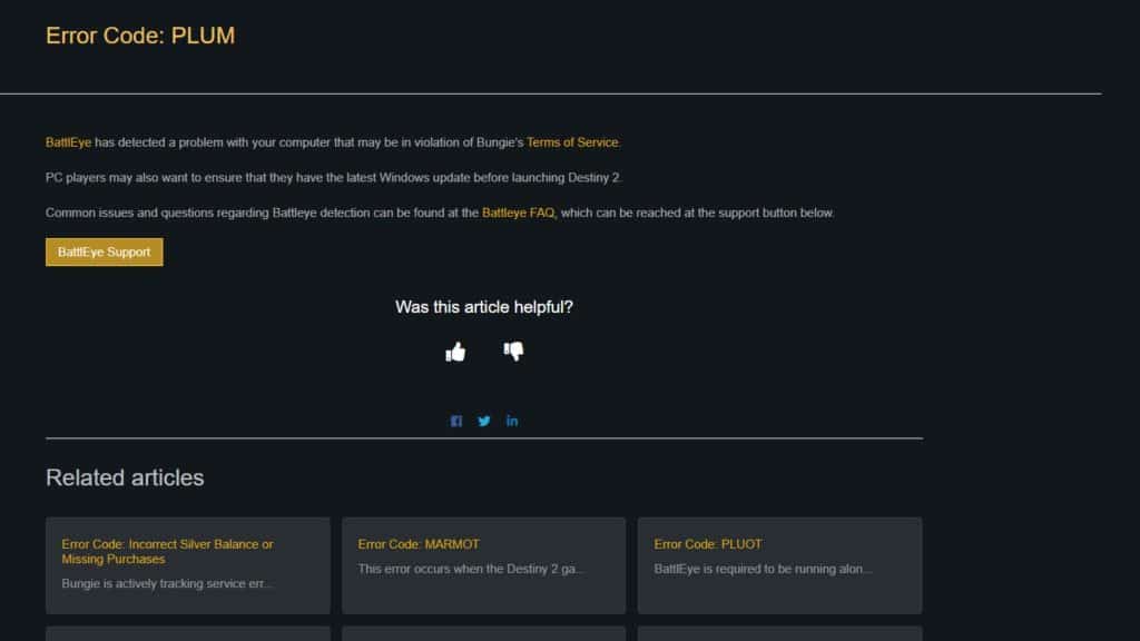 Destiny 2 error code Plum