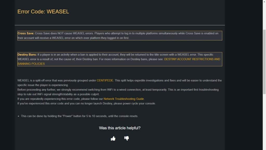 Destiny 2 error code Weasel