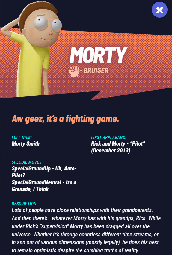 Perfil de Morty Smith como se ve en Multiversus 