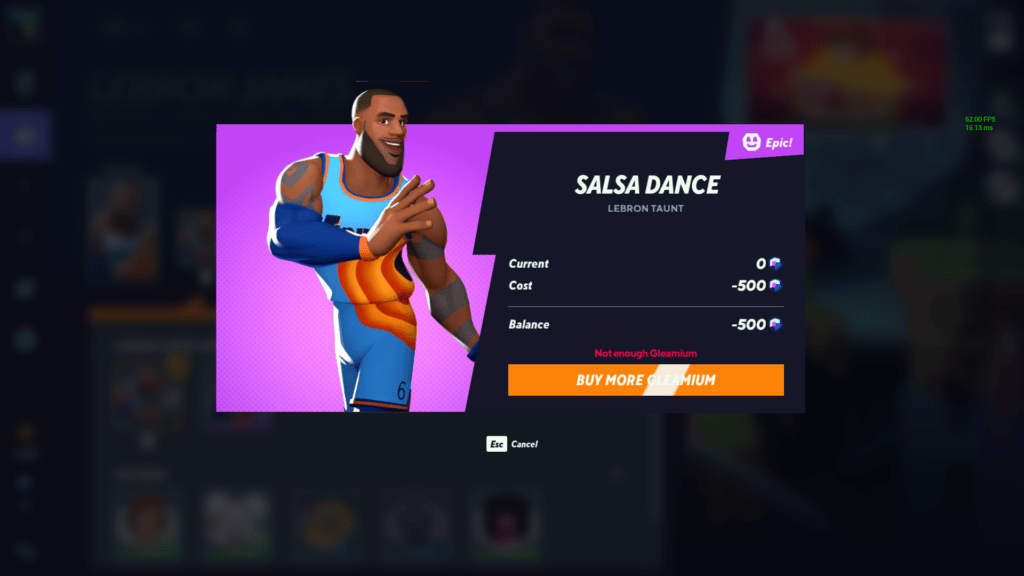 Lebron James' Salsa Dance Taunt which costs 500 Gleamium