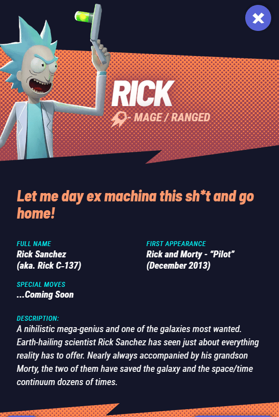 Perfil de Rick Sanchez como se muestra en Multiversus