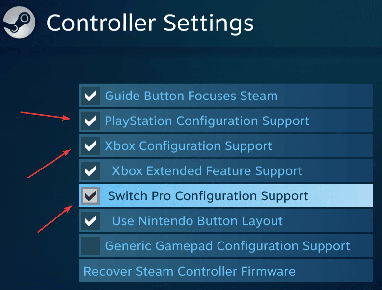 Para asegurarse de que Steam Input funcione correctamente, asegúrese de habilitar el soporte de configuración para cada tipo de controlador