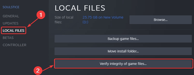 Verifying game files can potentially fix the Soulstice crash at launch issue