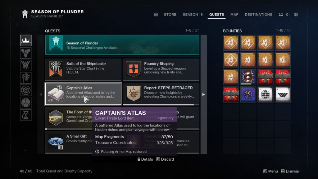 Destiny 2 Captain's Atlas quest menu. 