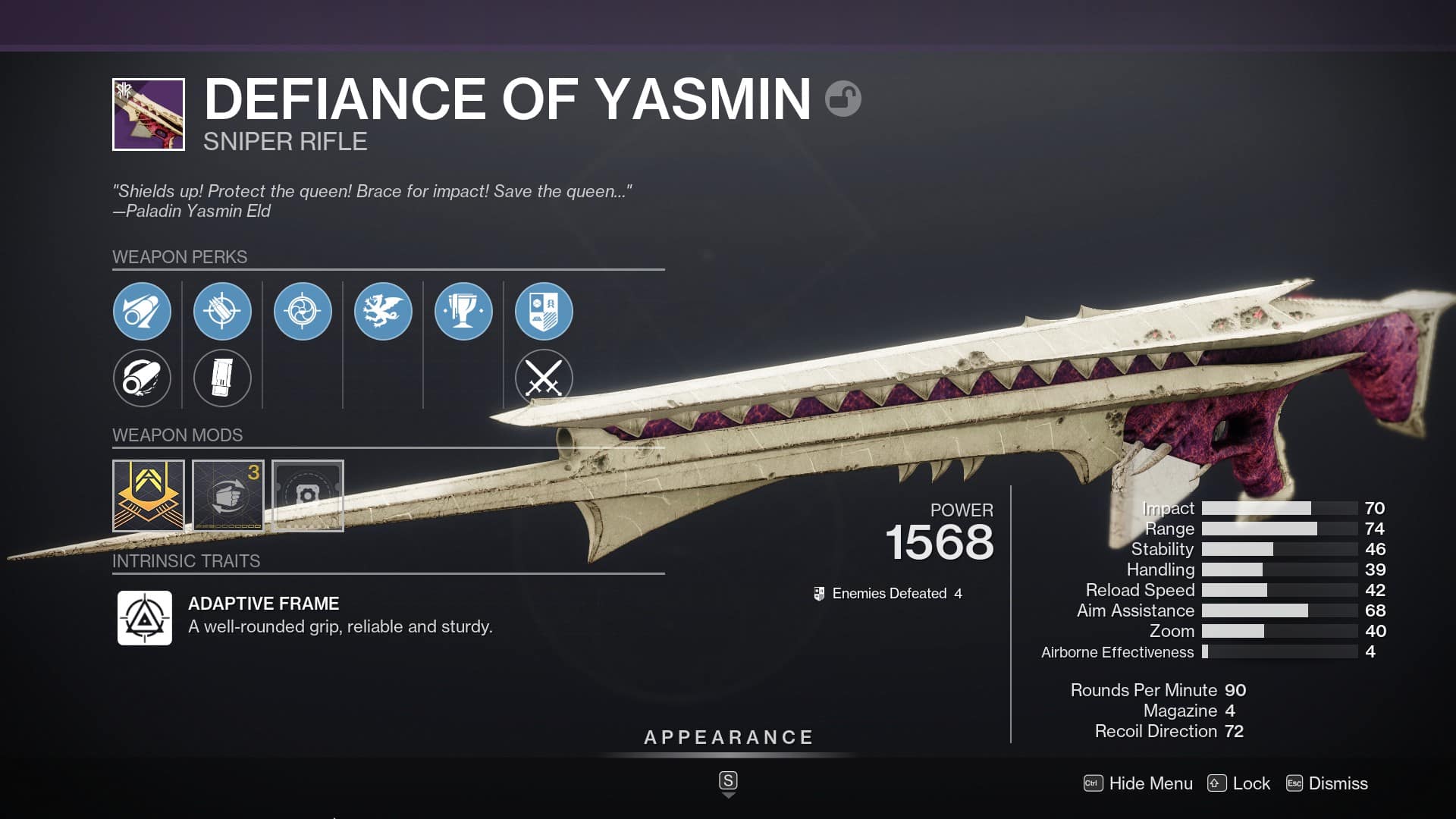 Destiny 2 Defiance of Yasmin god roll.