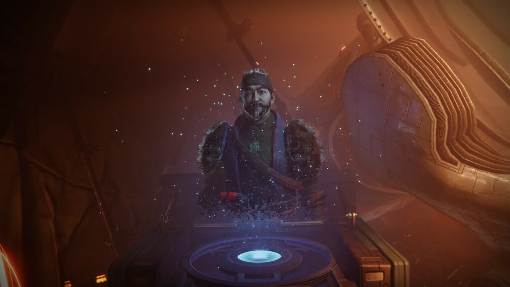 Destiny 2 Sails of the Shipstealer step 42 - the Drifter appearing on the Holoprojector at the Star Chart.