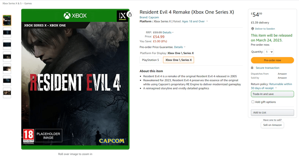 Resident Evil 4 Remake Xbox One Amazon UK Listing 