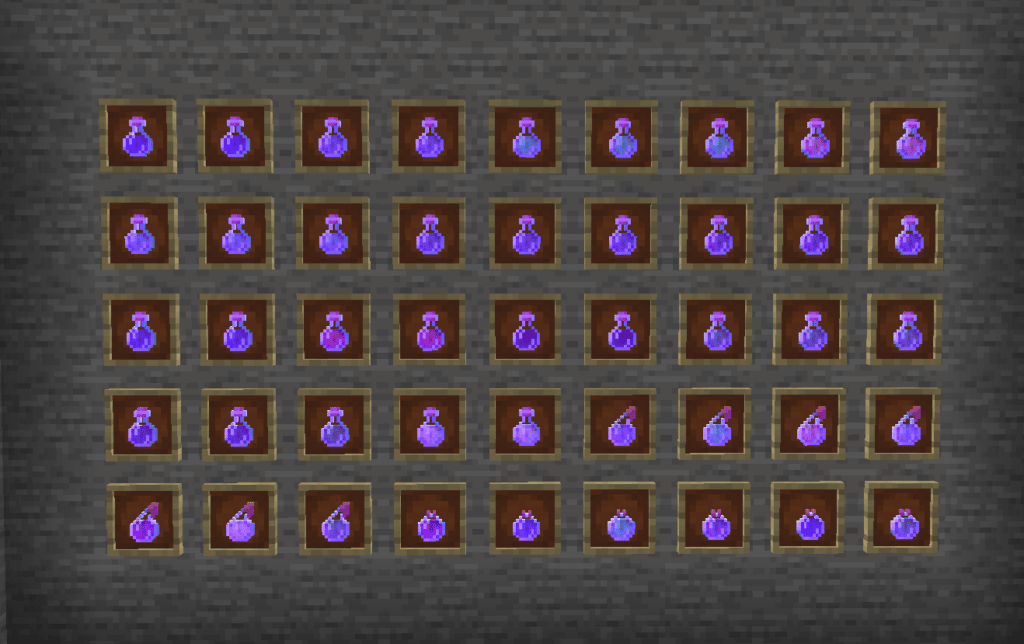 Five rows of Minecraft potions in item frames against a stone wall.
