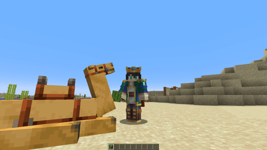 Minecraft player standing next to camel in Minecraft