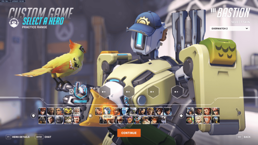 Picking Bastion in the practice range in overwatch 2