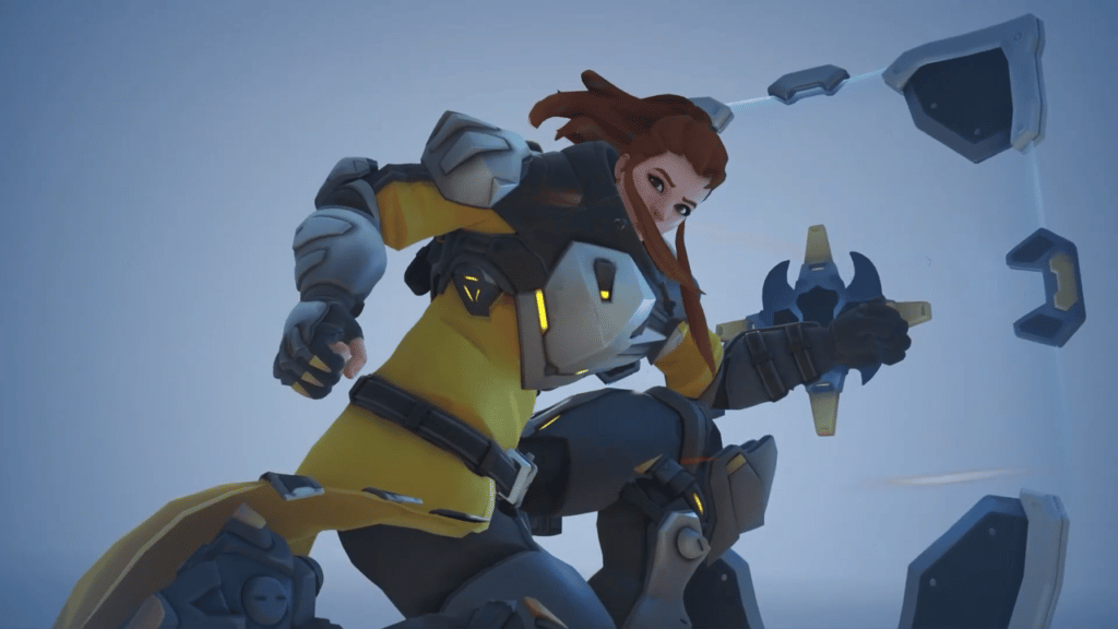 Brigitte using her shield to block incoming projectiles