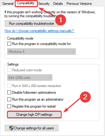 Compatability > Change high DPI settings