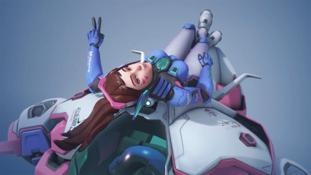 D.Va laying on top of her mech in Overwatch 2