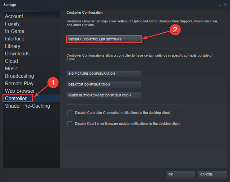 Configuración del controlador > Configuración general del controlador» class=»wp-image-47382″ srcset=»https://whatifgaming.com/wp-content/uploads/2022/10/General-Controller-Settings.png 740w, https://whatifgaming.com/wp-content/uploads/2022/10/General-Controller-Settings-300×237.png 300w, https://whatifgaming.com/wp-content/uploads/2022/10/General-Controller-Settings-150×119.png 150w, https://whatifgaming.com/wp-content/uploads/2022/10/General-Controller-Settings-696×550.png 696w» sizes=»(max-width: 740px) 100vw, 740px»/></noscript><figcaption>Configuración general del controlador</figcaption></figure>
</div>
<ul>
<li>Todos los controladores que hayas conectado aparecerán debajo <strong>Controladores detectados</strong></li>
</ul>
<div class=